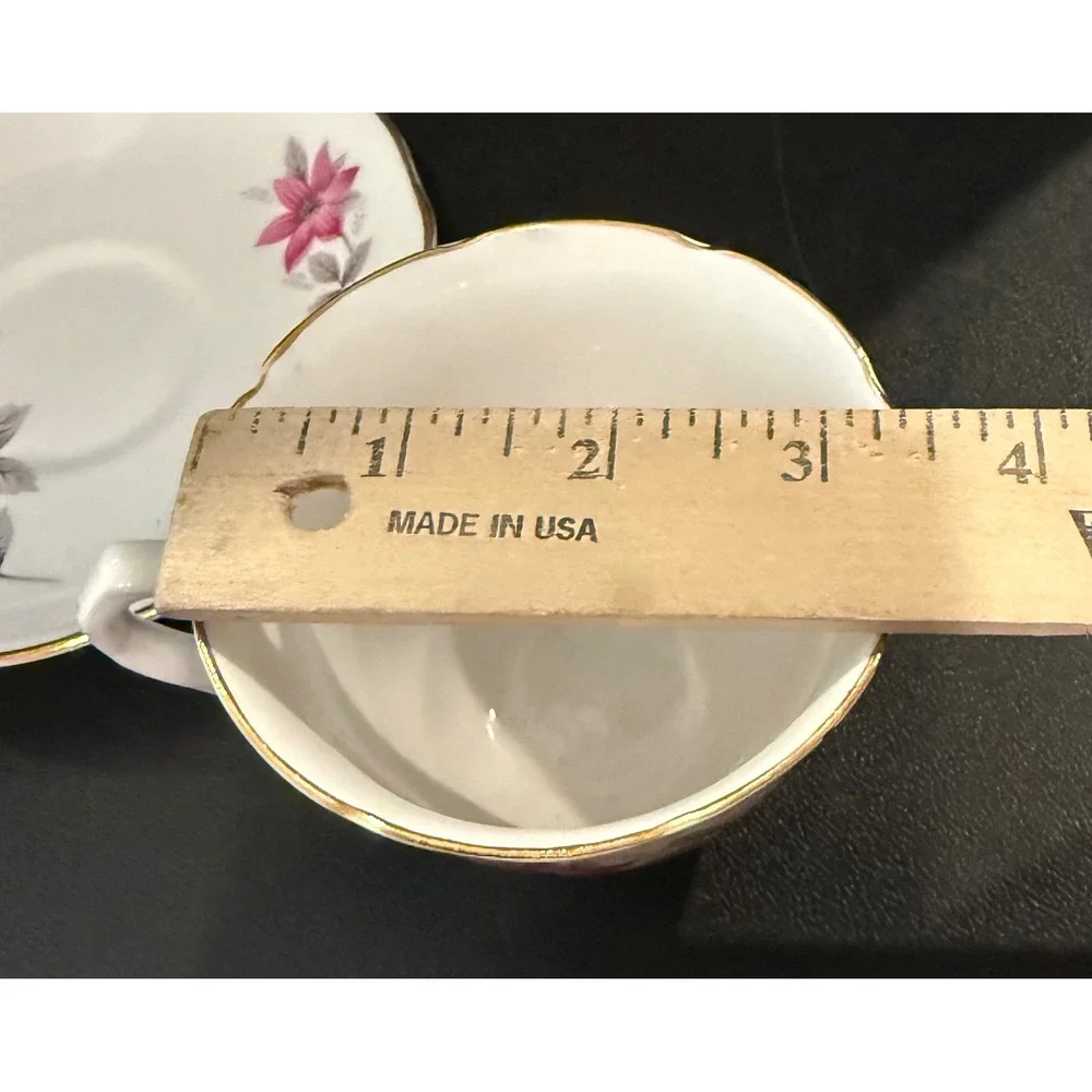 Royal Kent Staffordshire Teacup Saucer Pink Clematis Floral Gold Trim Bone China